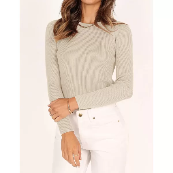 imageZESICA Womens Long Sleeve Crewneck Shirts 2024 Fall Knit Sweater Slim Fitted Casual Basic Tee TopsAlmond