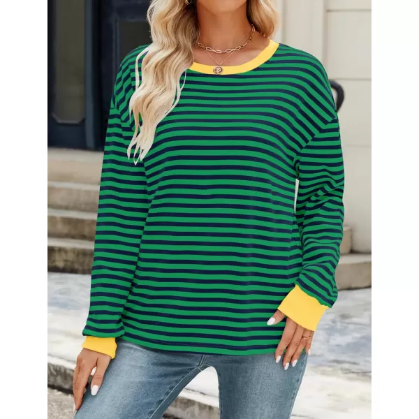 imageZESICA Womens Long Sleeve Striped Shirts Fall Crewneck Casual Loose Fit Tunic TopsEmerald
