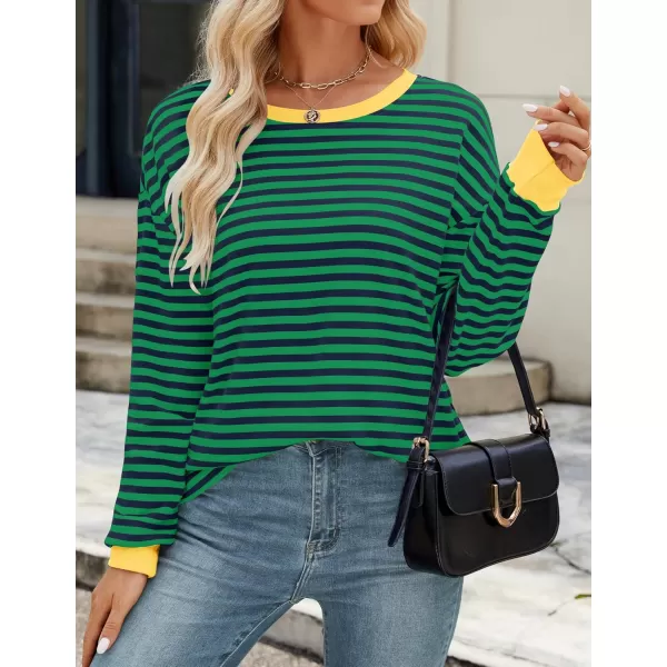 imageZESICA Womens Long Sleeve Striped Shirts Fall Crewneck Casual Loose Fit Tunic TopsEmerald