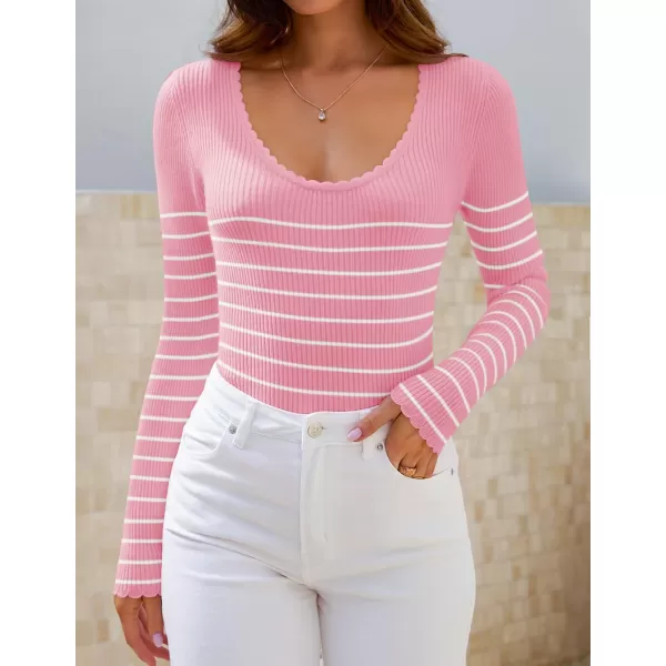 imageZESICA Womens Long Sleeve Striped Tops 2024 Fall Scoop Neck Slim Fit Ribbed Knit Sweater Basic Casual Tee ShirtsPink