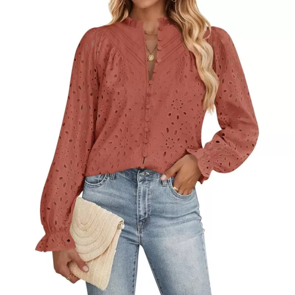 imageZESICA Womens Casual Blouse Tops Puff Long Sleeve Button V Neck Hollow Out Eyelet Lace Embroidered 2024 Shirt DressyRed Brown