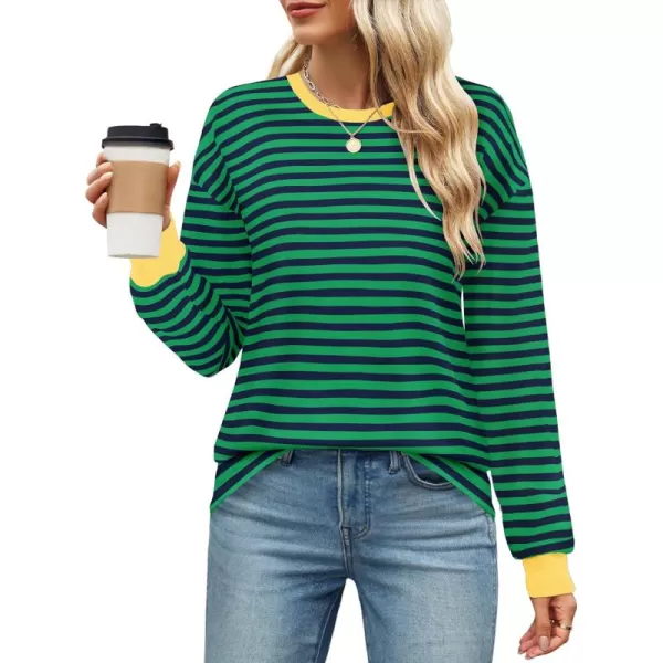 imageZESICA Womens Long Sleeve Striped Shirts Fall Crewneck Casual Loose Fit Tunic TopsEmerald