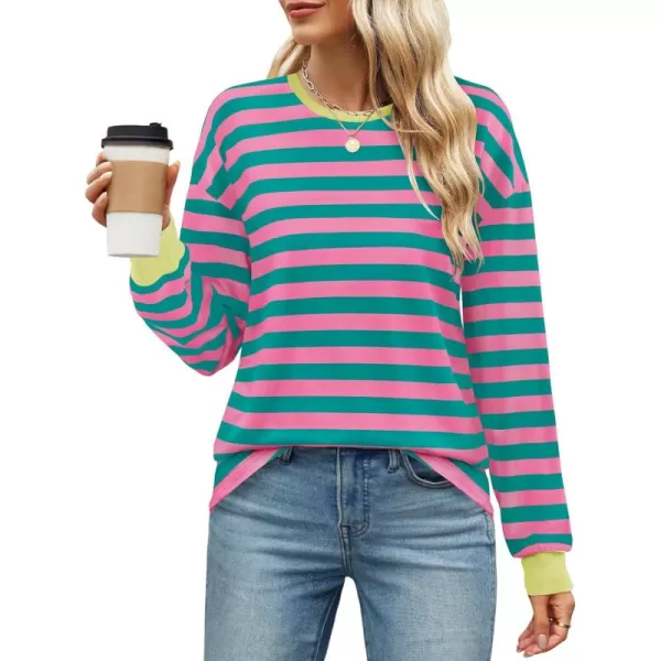imageZESICA Womens Long Sleeve Striped Shirts Fall Crewneck Casual Loose Fit Tunic TopsRose