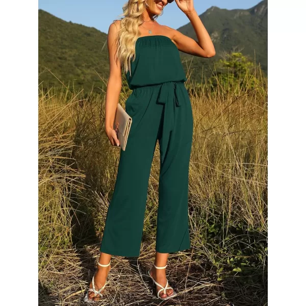 imageZESICA Womens 2024 Casual Off Shoulder Solid Color Strapless Belted Wide Leg Jumpsuit RomperDarkgreen