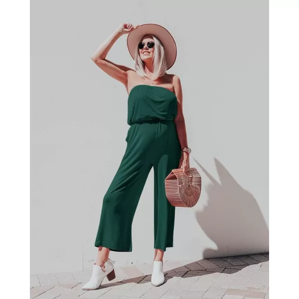 imageZESICA Womens 2024 Casual Off Shoulder Solid Color Strapless Belted Wide Leg Jumpsuit RomperDarkgreen