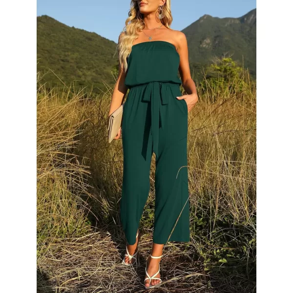 imageZESICA Womens 2024 Casual Off Shoulder Solid Color Strapless Belted Wide Leg Jumpsuit RomperDarkgreen