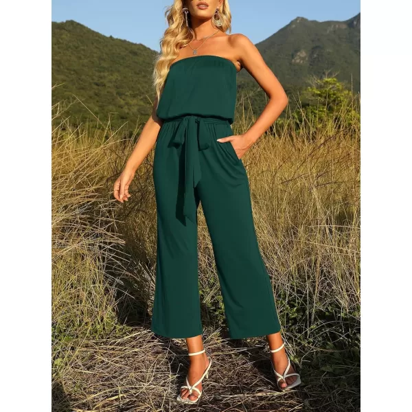 imageZESICA Womens 2024 Casual Off Shoulder Solid Color Strapless Belted Wide Leg Jumpsuit RomperDarkgreen