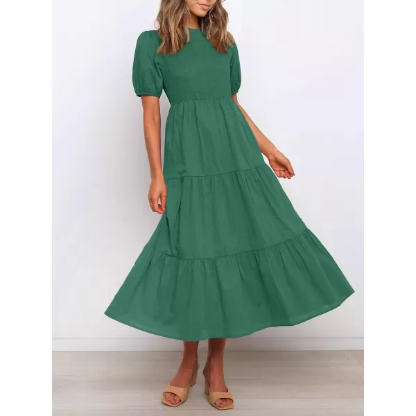 imageZESICA Womens 2024 Casual Summer Crew Neck Short Puff Sleeve Smocked High Waist Ruffle Tiered A Line Midi DressForestgreen