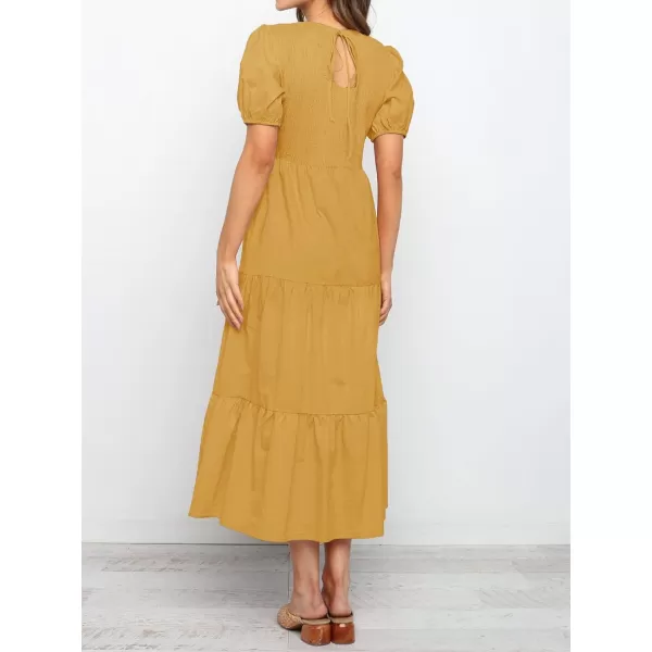 imageZESICA Womens 2024 Casual Summer Crew Neck Short Puff Sleeve Smocked High Waist Ruffle Tiered A Line Midi DressYellow