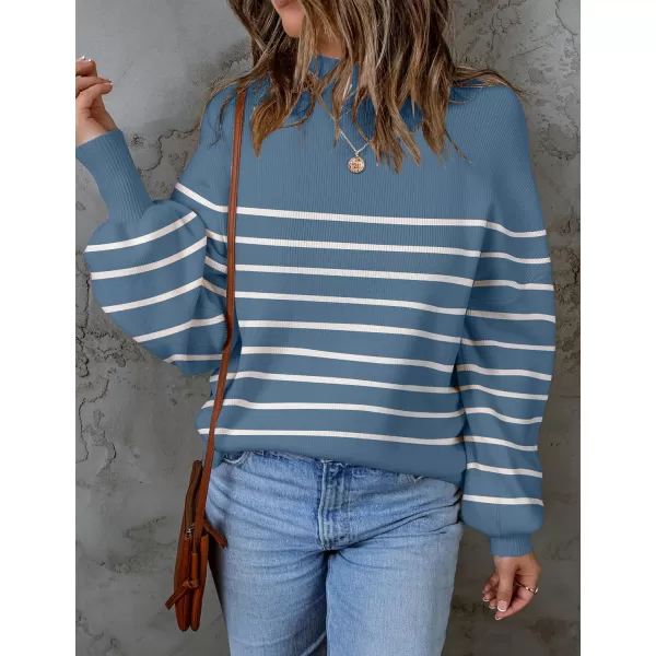 imageZESICA Womens 2024 Fall Fashion Turtleneck Long Sleeve Striped Ribbed Knit Loose Pullover Sweater TopsDarkblue