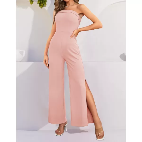 imageZESICA Womens 2024 Strapless Jumpsuit Casual Off Shoulder High Waist Wide Leg Side Slit Long Romper Playsuits with PocketsDustypink