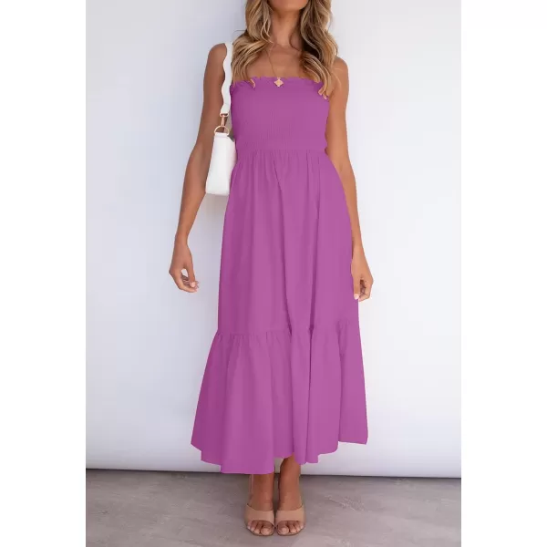 imageZESICA Womens 2024 Summer Strapless Dress Off Shoulder Sleeveless High Waist Solid Color Beach Long DressesPurple
