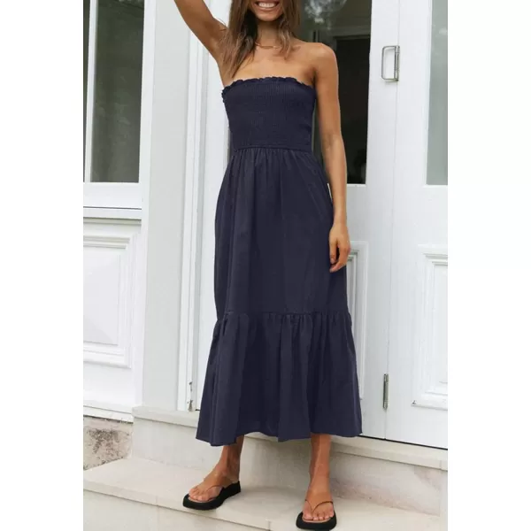 imageZESICA Womens 2024 Summer Strapless Dress Off Shoulder Sleeveless High Waist Solid Color Beach Long DressesSolidnavy