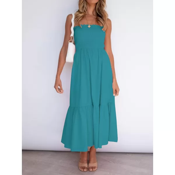 imageZESICA Womens 2024 Summer Strapless Dress Off Shoulder Sleeveless High Waist Solid Color Beach Long DressesSolidpeacock
