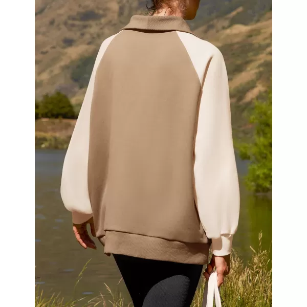 imageZESICA Womens Oversized Sweatshirts 2024 Half Zip Long Sleeve Pullover Tops Fall Fashion Color Block ClothesKhaki