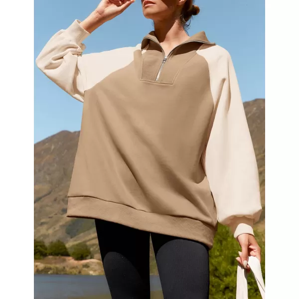 imageZESICA Womens Oversized Sweatshirts 2024 Half Zip Long Sleeve Pullover Tops Fall Fashion Color Block ClothesKhaki
