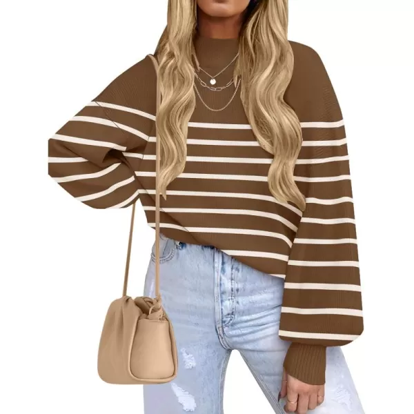 imageZESICA Womens 2024 Fall Fashion Turtleneck Long Sleeve Striped Ribbed Knit Loose Pullover Sweater TopsTan