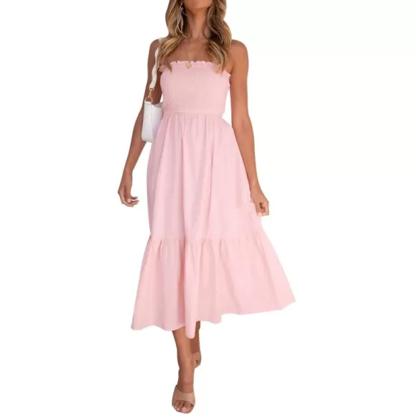 imageZESICA Womens 2024 Summer Strapless Dress Off Shoulder Sleeveless High Waist Solid Color Beach Long DressesSolid Blush Pink