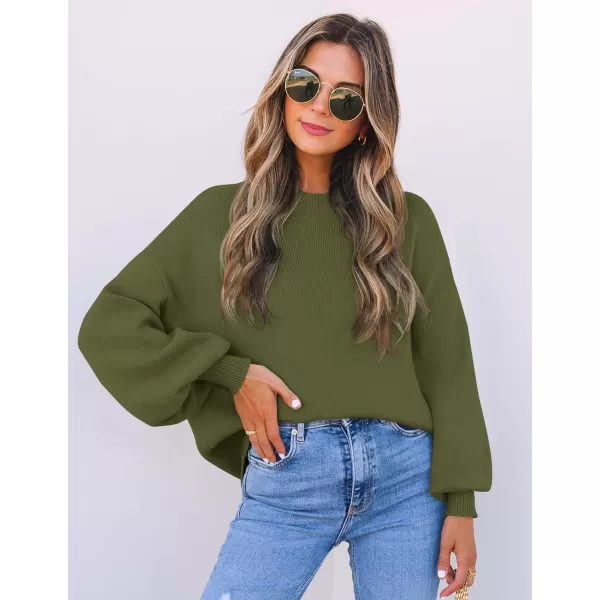 imageZESICA Womens 2024 Casual Turtleneck Long Lantern Sleeve Oversized Ribbed Knit Pullover Sweater Jumper TopArmygreen
