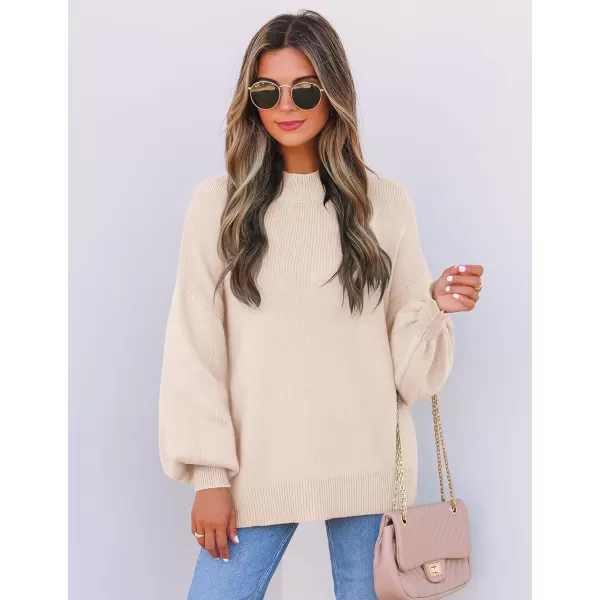 imageZESICA Womens 2024 Casual Turtleneck Long Lantern Sleeve Oversized Ribbed Knit Pullover Sweater Jumper TopBeige
