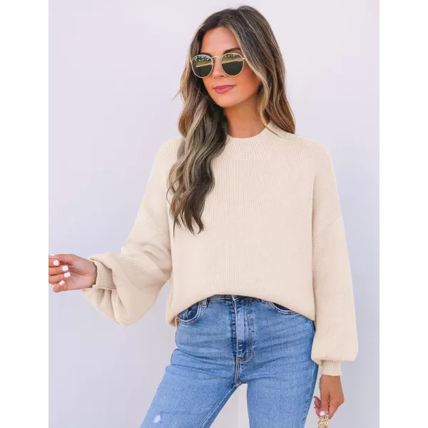 imageZESICA Womens 2024 Casual Turtleneck Long Lantern Sleeve Oversized Ribbed Knit Pullover Sweater Jumper TopBeige