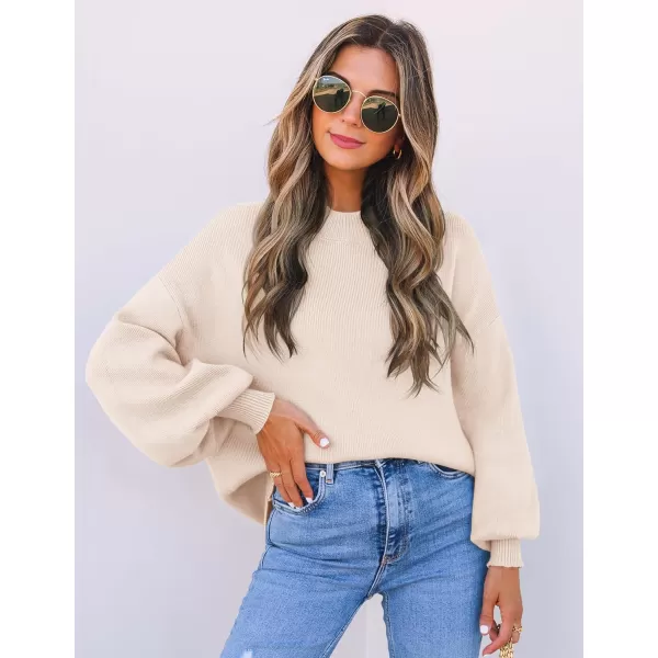 imageZESICA Womens 2024 Casual Turtleneck Long Lantern Sleeve Oversized Ribbed Knit Pullover Sweater Jumper TopBeige