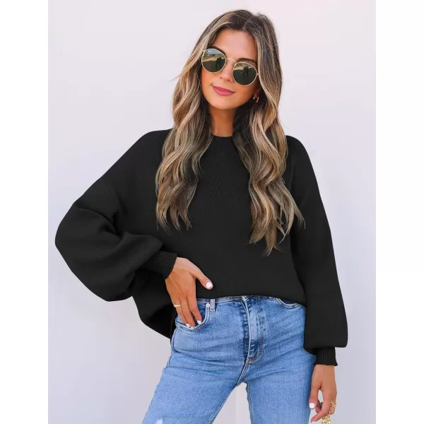 imageZESICA Womens 2024 Casual Turtleneck Long Lantern Sleeve Oversized Ribbed Knit Pullover Sweater Jumper TopBlack