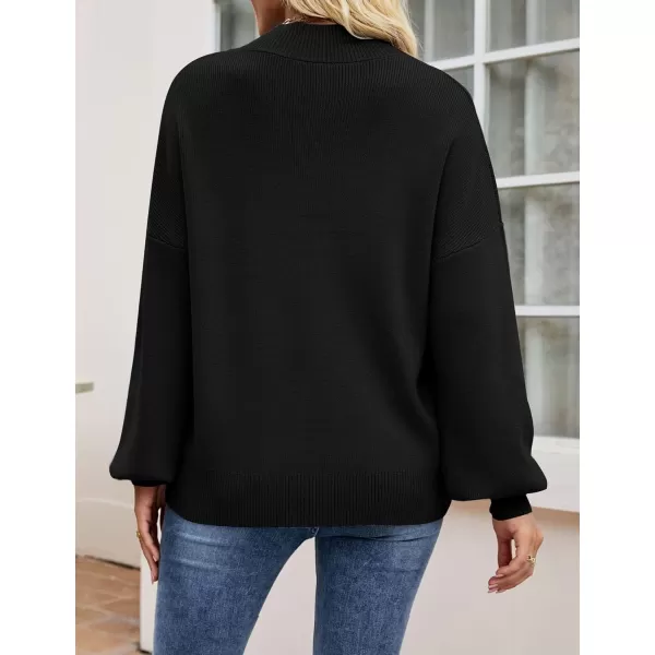 imageZESICA Womens 2024 Casual Turtleneck Long Lantern Sleeve Oversized Ribbed Knit Pullover Sweater Jumper TopBlack