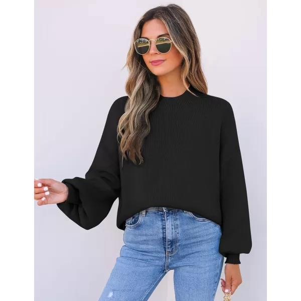 imageZESICA Womens 2024 Casual Turtleneck Long Lantern Sleeve Oversized Ribbed Knit Pullover Sweater Jumper TopBlack