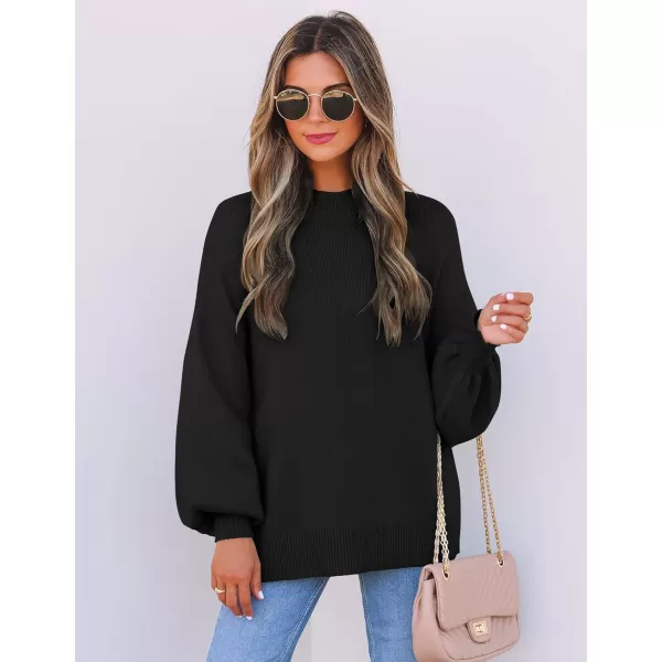 imageZESICA Womens 2024 Casual Turtleneck Long Lantern Sleeve Oversized Ribbed Knit Pullover Sweater Jumper TopBlack