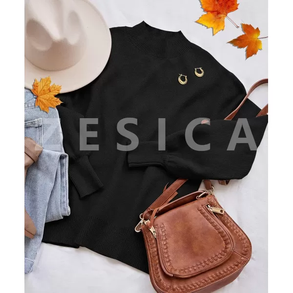imageZESICA Womens 2024 Casual Turtleneck Long Lantern Sleeve Oversized Ribbed Knit Pullover Sweater Jumper TopBlack