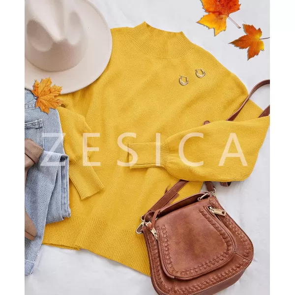 imageZESICA Womens 2024 Casual Turtleneck Long Lantern Sleeve Oversized Ribbed Knit Pullover Sweater Jumper TopBright Yellow