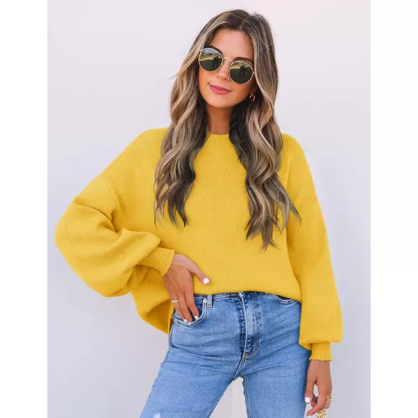 imageZESICA Womens 2024 Casual Turtleneck Long Lantern Sleeve Oversized Ribbed Knit Pullover Sweater Jumper TopBright Yellow
