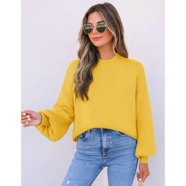 imageZESICA Womens 2024 Casual Turtleneck Long Lantern Sleeve Oversized Ribbed Knit Pullover Sweater Jumper TopBright Yellow