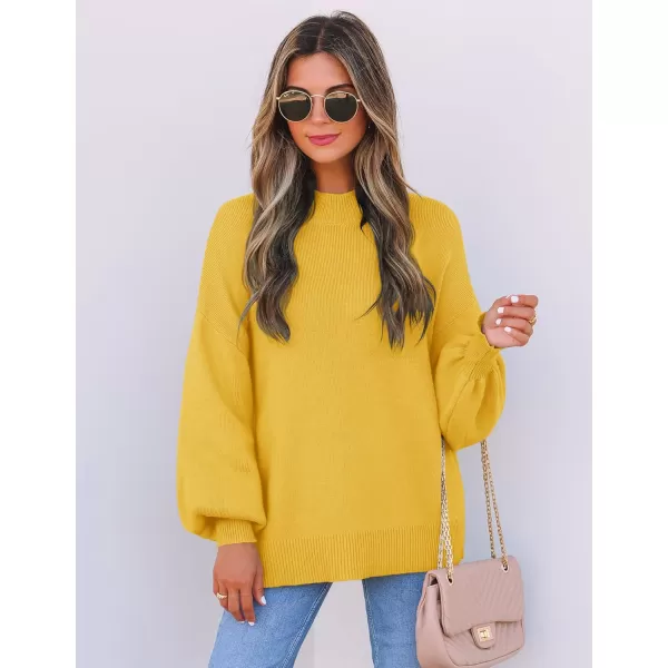 imageZESICA Womens 2024 Casual Turtleneck Long Lantern Sleeve Oversized Ribbed Knit Pullover Sweater Jumper TopBright Yellow
