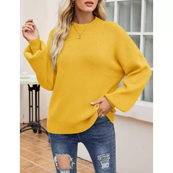 imageZESICA Womens 2024 Casual Turtleneck Long Lantern Sleeve Oversized Ribbed Knit Pullover Sweater Jumper TopBright Yellow
