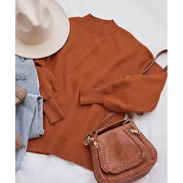 imageZESICA Womens 2024 Casual Turtleneck Long Lantern Sleeve Oversized Ribbed Knit Pullover Sweater Jumper TopMaple