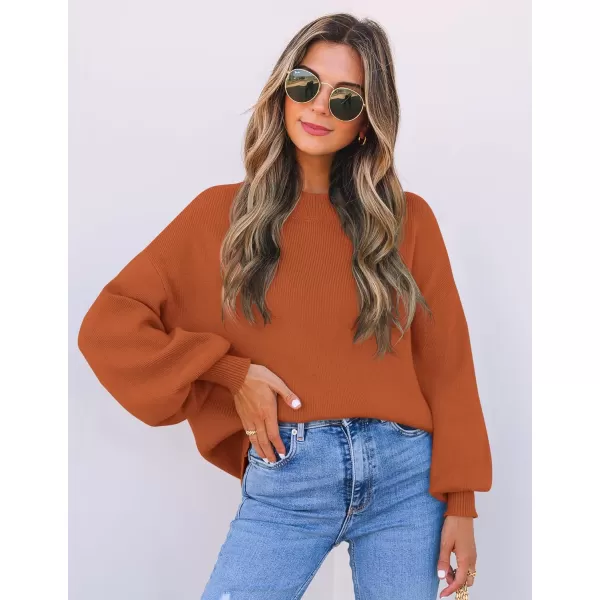 imageZESICA Womens 2024 Casual Turtleneck Long Lantern Sleeve Oversized Ribbed Knit Pullover Sweater Jumper TopMaple