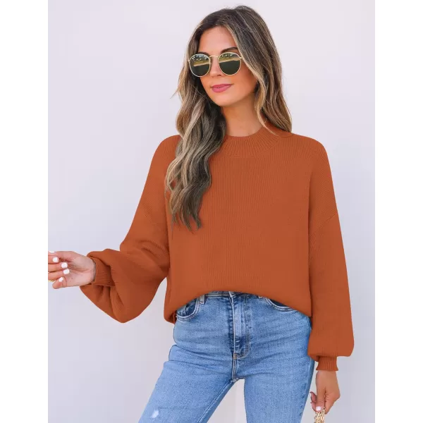 imageZESICA Womens 2024 Casual Turtleneck Long Lantern Sleeve Oversized Ribbed Knit Pullover Sweater Jumper TopMaple