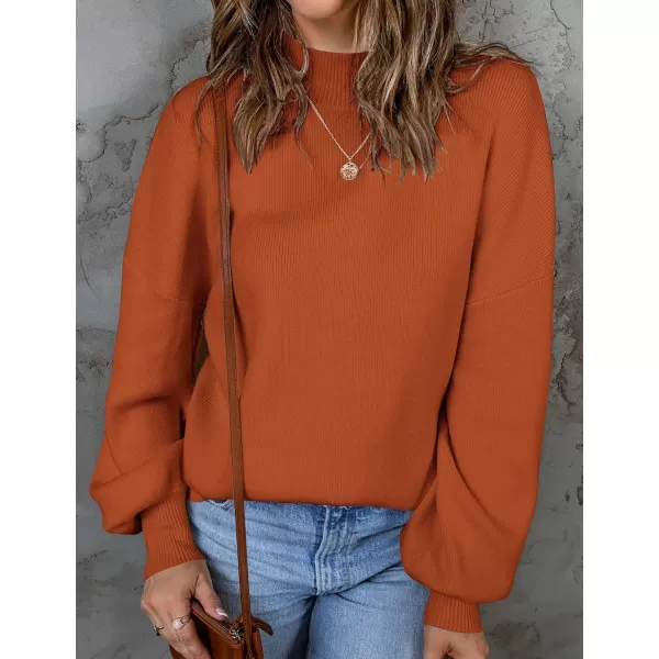 imageZESICA Womens 2024 Casual Turtleneck Long Lantern Sleeve Oversized Ribbed Knit Pullover Sweater Jumper TopMaple