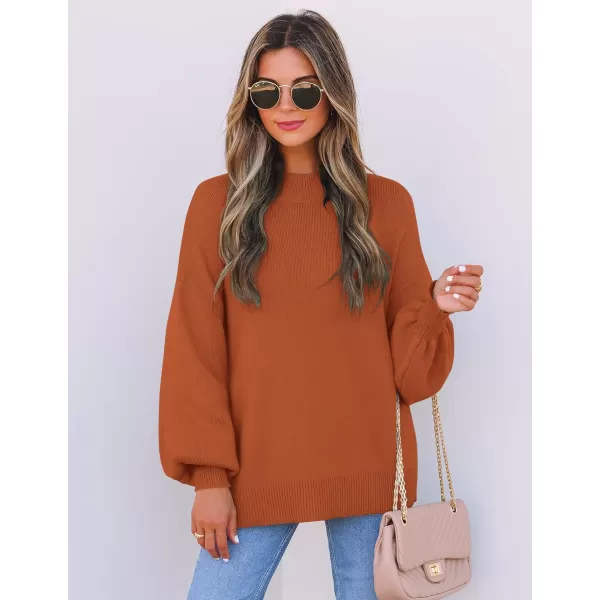 imageZESICA Womens 2024 Casual Turtleneck Long Lantern Sleeve Oversized Ribbed Knit Pullover Sweater Jumper TopMaple