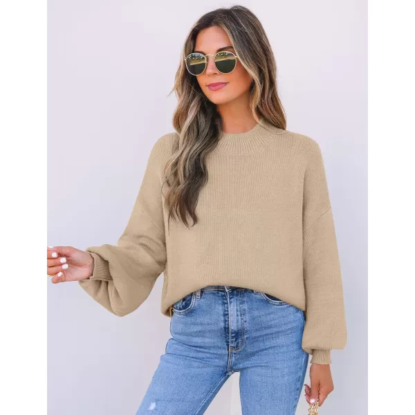 imageZESICA Womens 2024 Casual Turtleneck Long Lantern Sleeve Oversized Ribbed Knit Pullover Sweater Jumper TopOatmeal