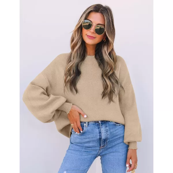 imageZESICA Womens 2024 Casual Turtleneck Long Lantern Sleeve Oversized Ribbed Knit Pullover Sweater Jumper TopOatmeal