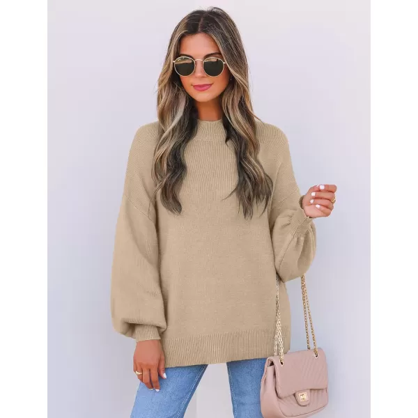 imageZESICA Womens 2024 Casual Turtleneck Long Lantern Sleeve Oversized Ribbed Knit Pullover Sweater Jumper TopOatmeal