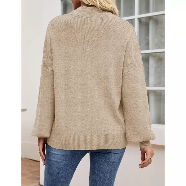 imageZESICA Womens 2024 Casual Turtleneck Long Lantern Sleeve Oversized Ribbed Knit Pullover Sweater Jumper TopOatmeal