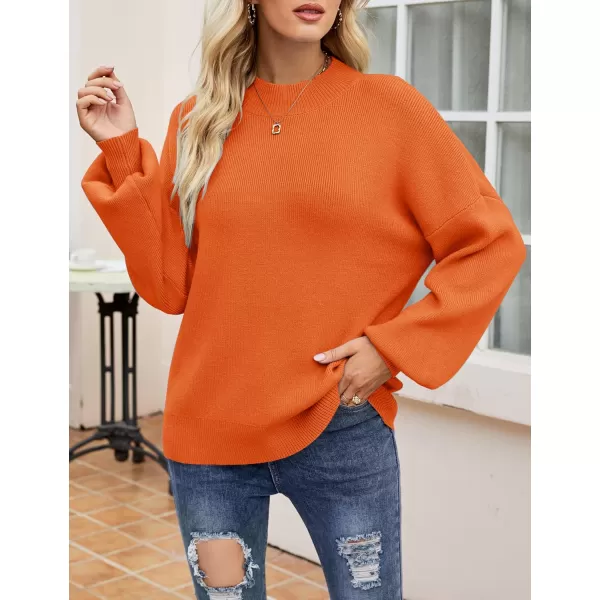 imageZESICA Womens 2024 Casual Turtleneck Long Lantern Sleeve Oversized Ribbed Knit Pullover Sweater Jumper TopOrange