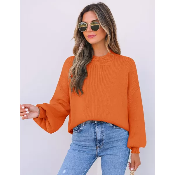 imageZESICA Womens 2024 Casual Turtleneck Long Lantern Sleeve Oversized Ribbed Knit Pullover Sweater Jumper TopOrange