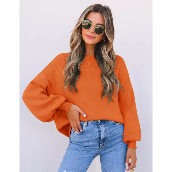 imageZESICA Womens 2024 Casual Turtleneck Long Lantern Sleeve Oversized Ribbed Knit Pullover Sweater Jumper TopOrange