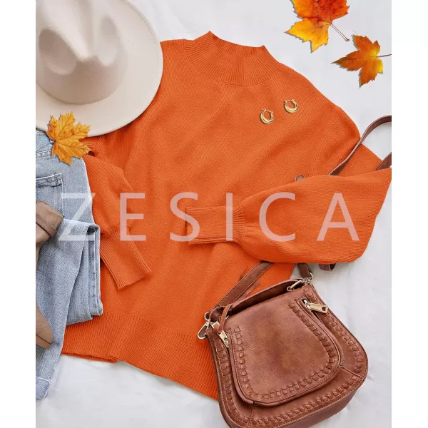 imageZESICA Womens 2024 Casual Turtleneck Long Lantern Sleeve Oversized Ribbed Knit Pullover Sweater Jumper TopOrange