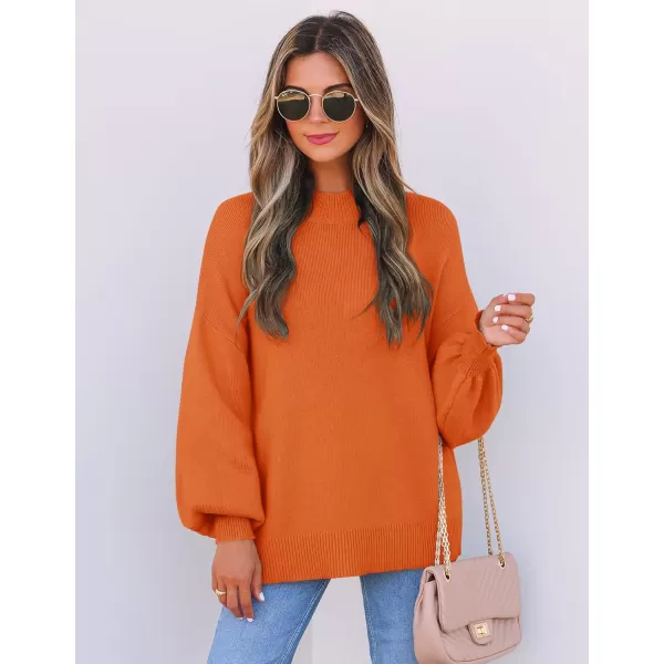 imageZESICA Womens 2024 Casual Turtleneck Long Lantern Sleeve Oversized Ribbed Knit Pullover Sweater Jumper TopOrange